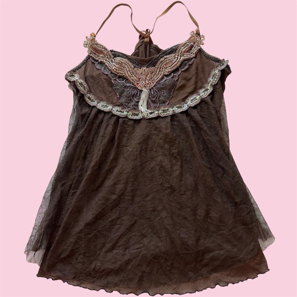 Fairycore Brown Micromesh beaded cami top with sequin details and tassel